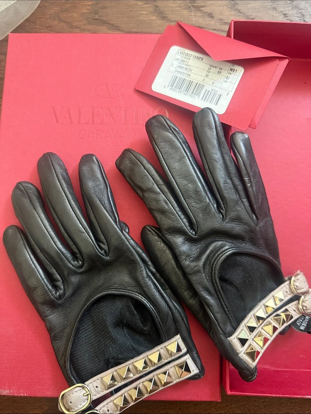 Valentino Black Leather Gloves with Gold Rockstud Strap